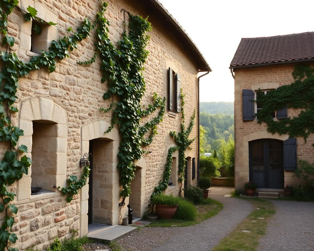 Le domaine familial en pierre, recouvert de vignes